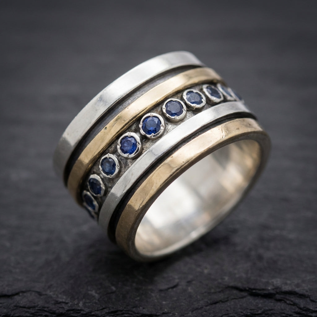 Vintage Inlaid Blue Stones Gold & Silver Ring