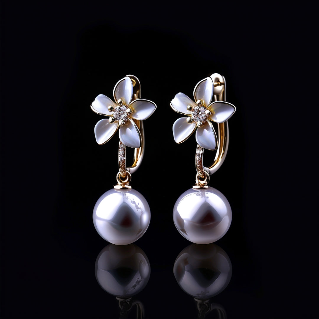 Purple Flower & Pearl Earrings