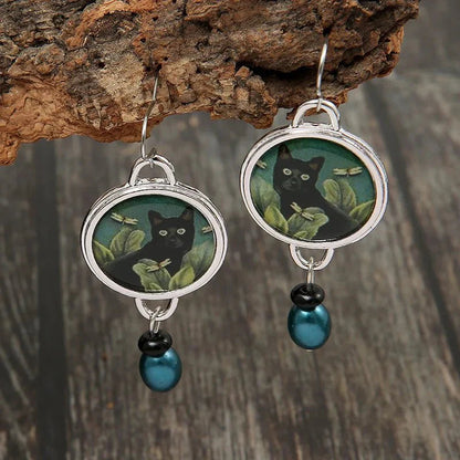 Tropical Black Cat Dangle Earrings
