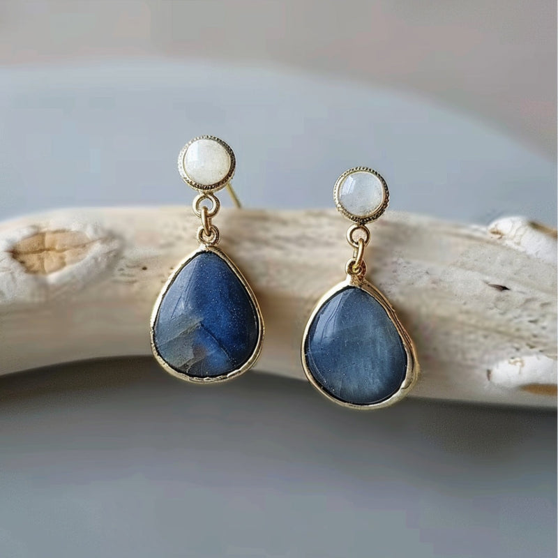 Blue Inlaid Drop Stone Pearl Earrings