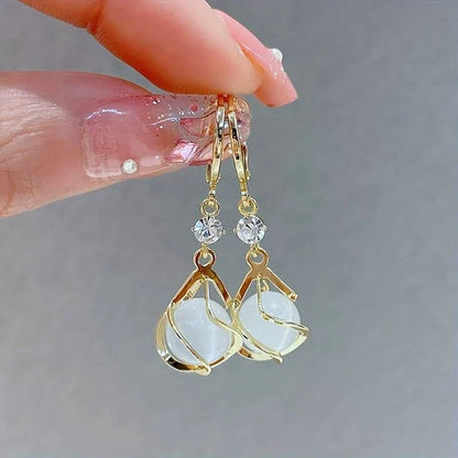 White Opal Gold Dangle Earrings