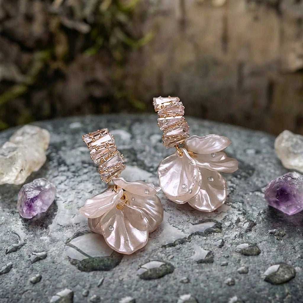 Elegant Gold Petal Earrings In White