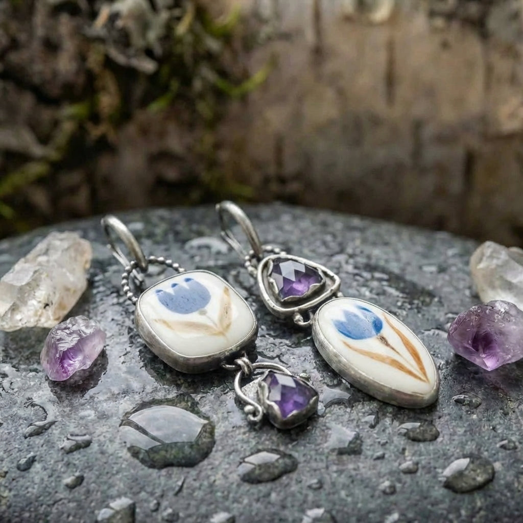 Vintage Flower Carving Blue Stone Dangle Silver Earrings